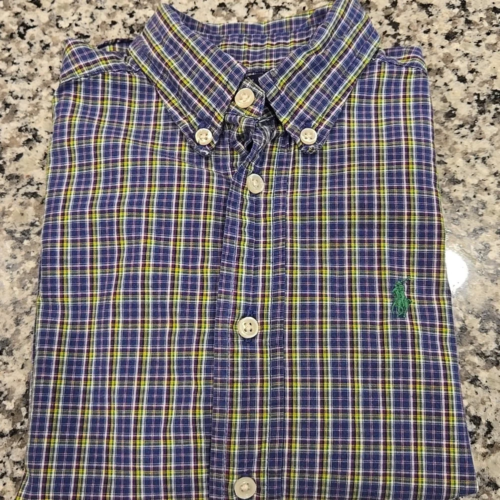 RALPH LAUREN BLUE,GREEN,YELLOW PLAID BUTTON-DOWN LONG SLEEVE W/ PONY LOGO. SZ 5.